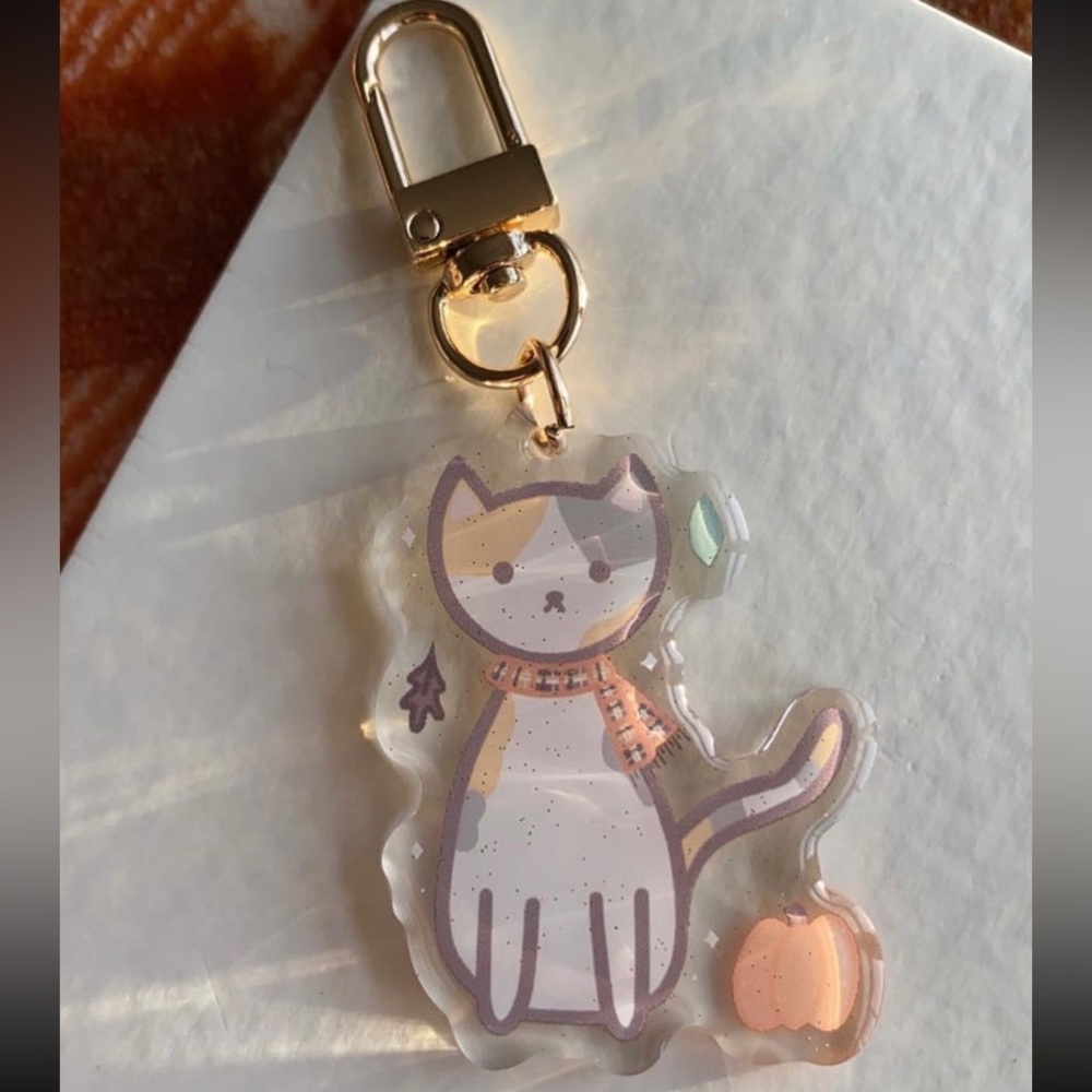 Cat fall themed acrylic keychain with epoxy glitter